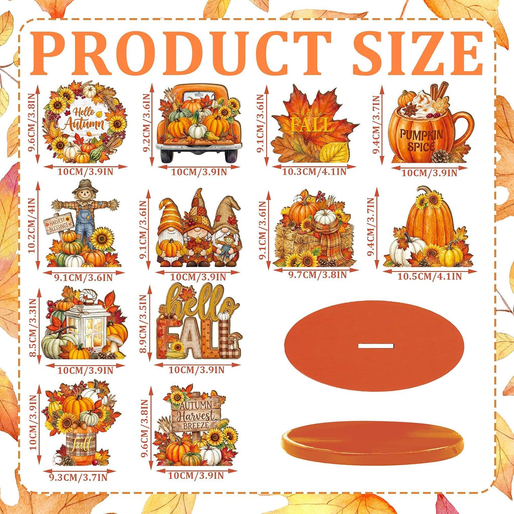Fall Thanksgiving Table Decorations, Wooden Autumn Harvest Centerpiece, Pumpkin Gnome Scarecrow Table Topper - Set of 12