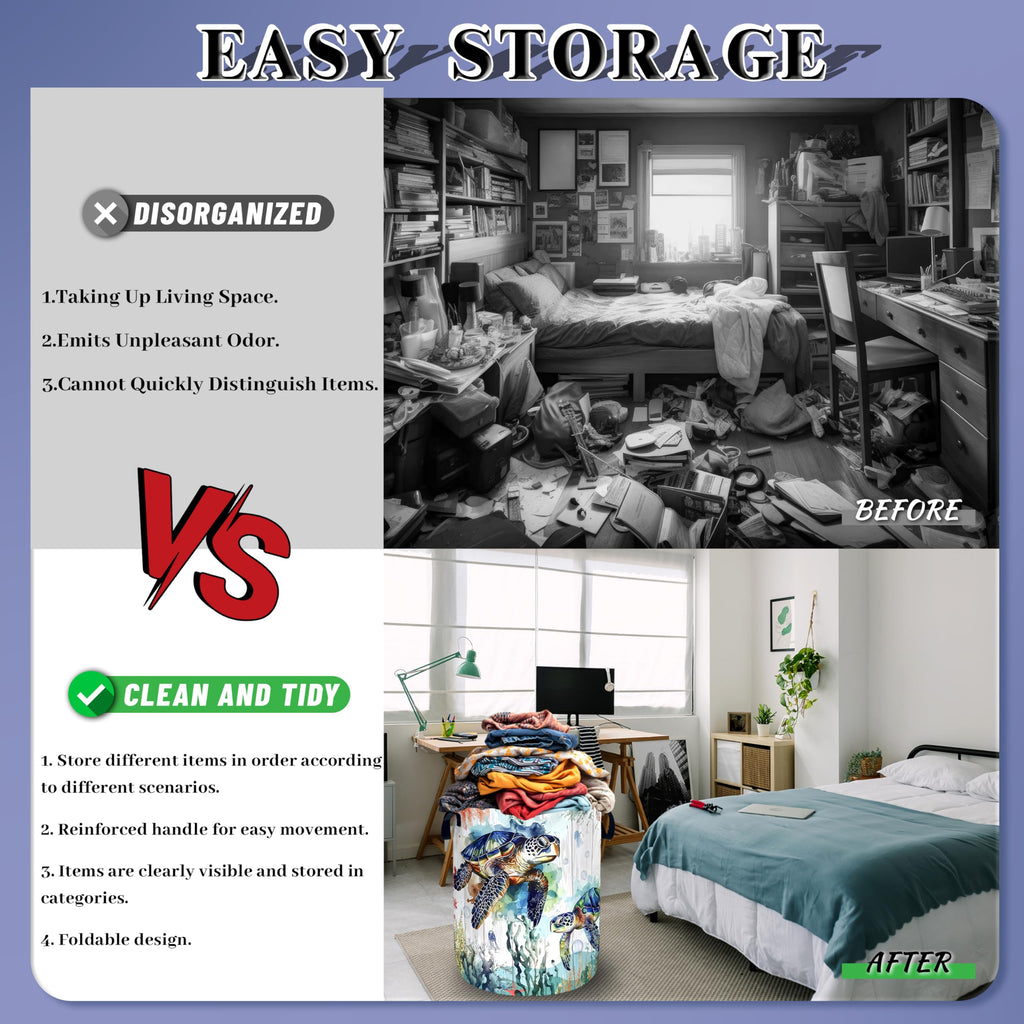 Ocean Sea Turtle Laundry Basket Oxford Cloth Foldable Hamper 18.9x16.5 Inch