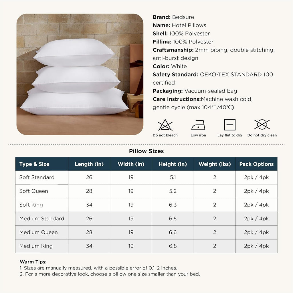 Pillows Standard Size Set of 2 - Hotel Collection Bed Pillows for Sleeping, with Down Alternative Filling, Soft
