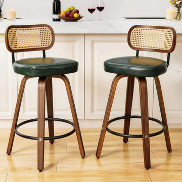 Natural Rattan Bar Stools Set of 2, 26 Inch Counter Height Barstools with Backs, PU Leather Seat, 360° Swivel, Wood