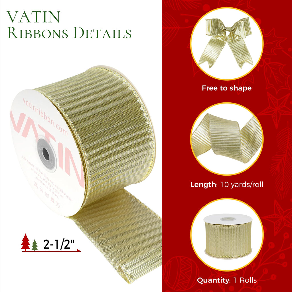 Gold Crimped Metallic Wired Ribbon, 2-1/2-Inch x 10 Yards, with Standard Serged Edges, Luxury Christmas Gift Wrap