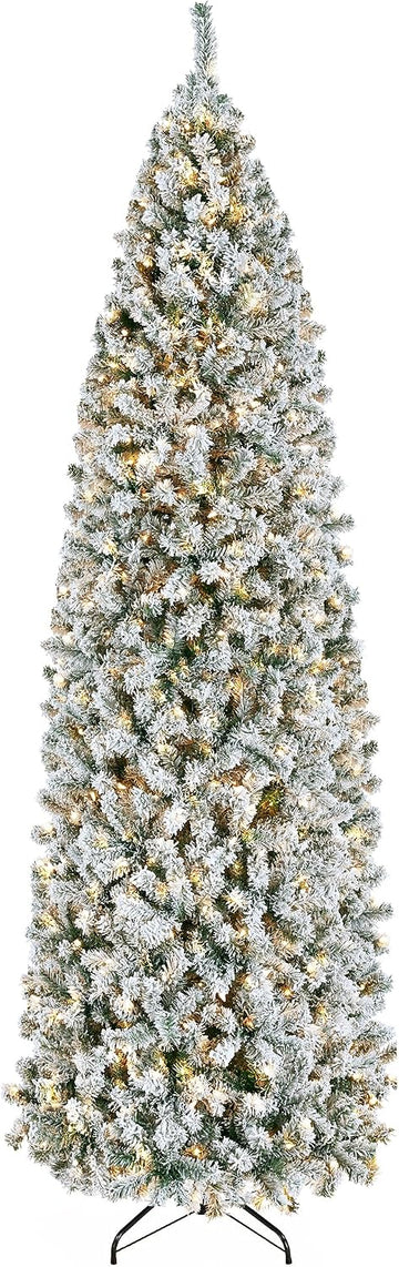 Pre-lit Snow Flocked Pencil Christmas Tree, Green & White