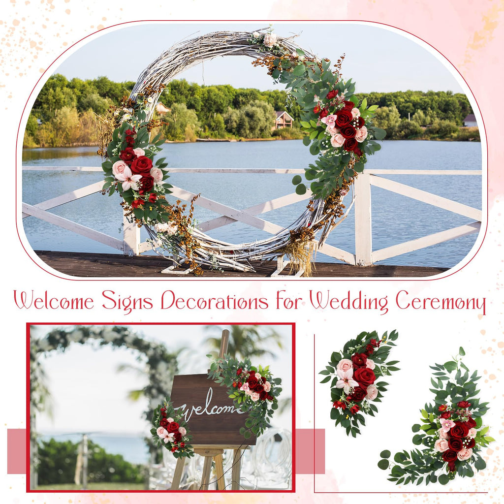 4 Pcs Fall Wedding Arch Flower Artificial Faux Floral Swag, Rose Red