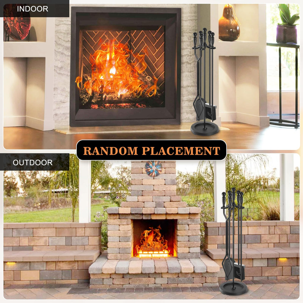 Fireplace Tools Set 5 Pcs 30.5 Inch Black Wrought Iron Large Fire Place Tool Set Indoor/Outdoor Include Poker