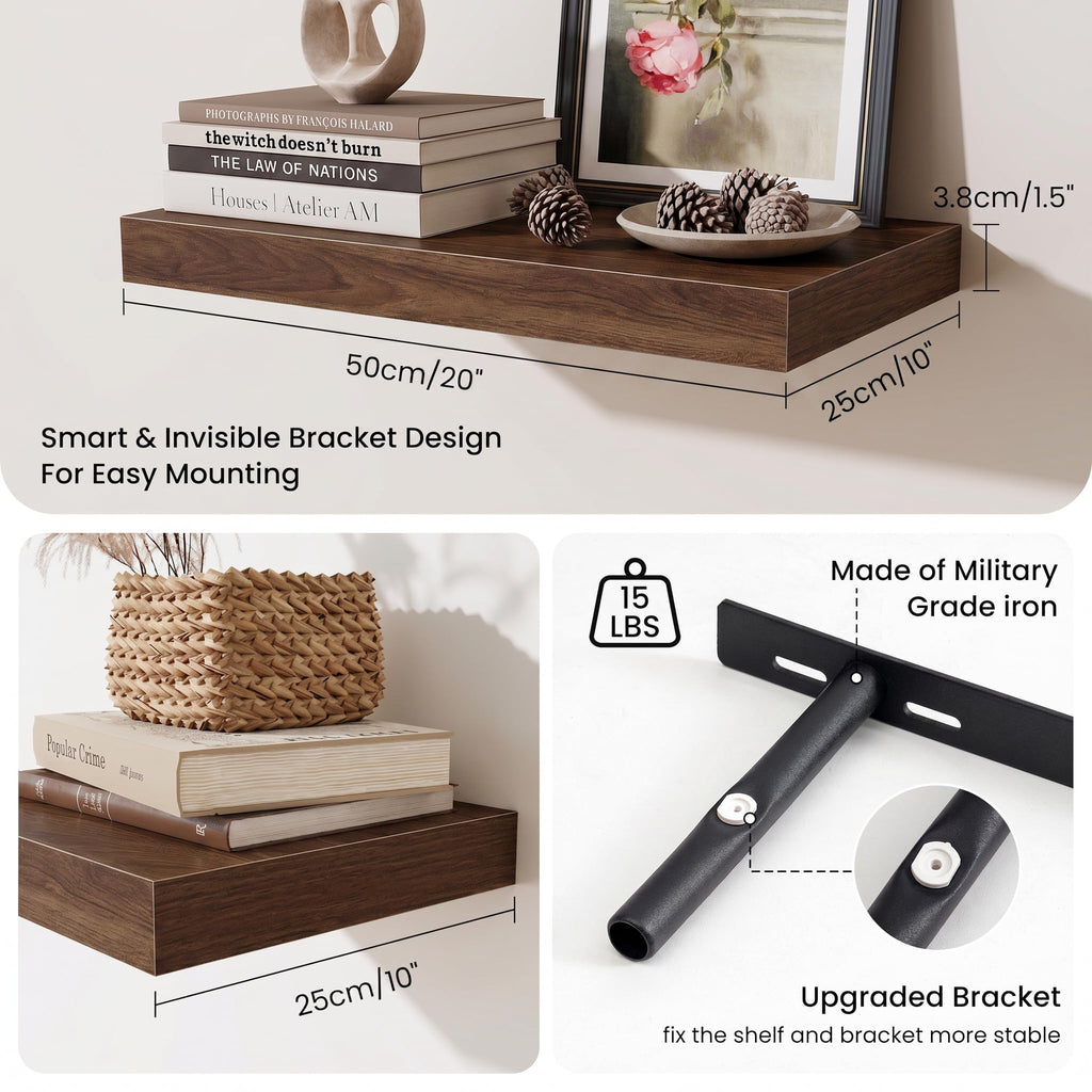 Wood Floating Shelves 20 Inch, 10 Inch Deep Shelves Wall Mount, Wall Shelves with Invisible Bracket, 20" Floating