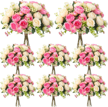 Bundles Artificial Peonies Flowers,Pink, Champagne - Set of 8