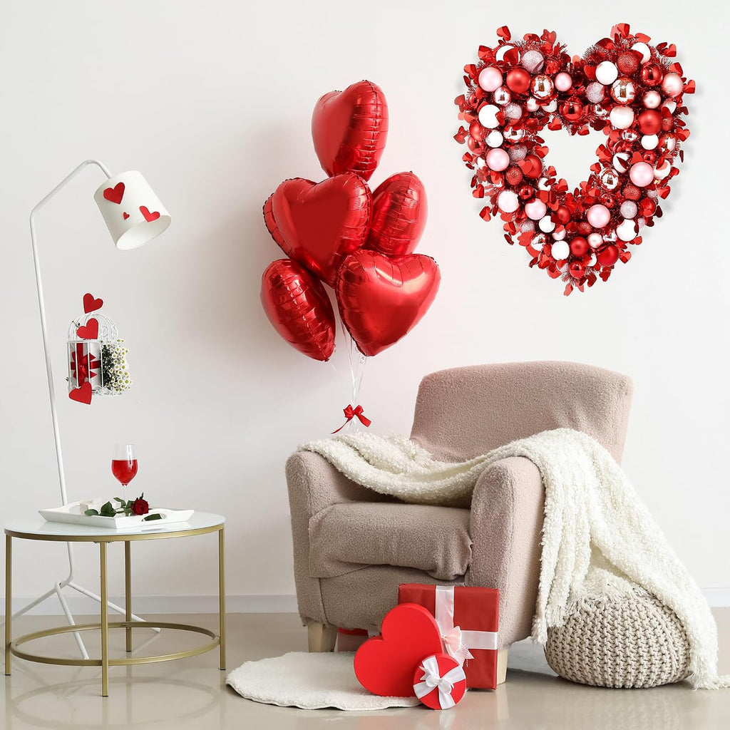 17.7'' Heart Shaped Wreath Red Pink White Heart Wreath with Tinsel Red Balls Decorations for Front Door Wedding Party