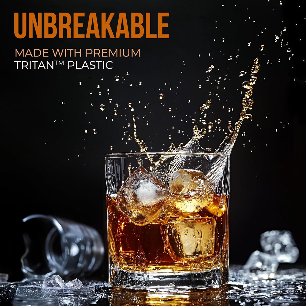 Unbreakable Whiskey Glasses, Plastic Rocks Glasses - 12.5 oz Clear Dishwasher Safe Tritan Old Fashioned Drinkware