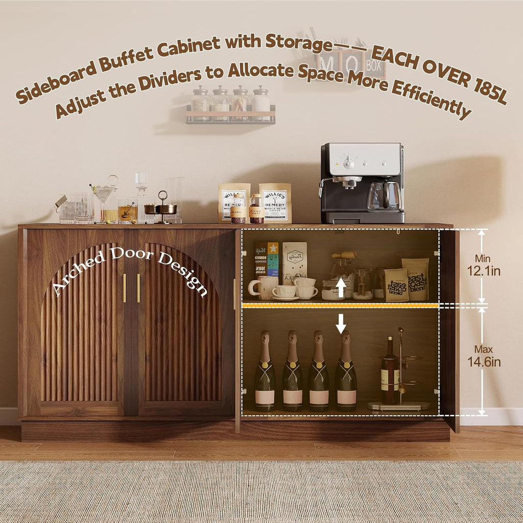 63" Fluted Sideboard Buffet Cabinet with Storage, 4 Arched Doors, Mid Century Modern Accent Cabinet, Credenza, Media