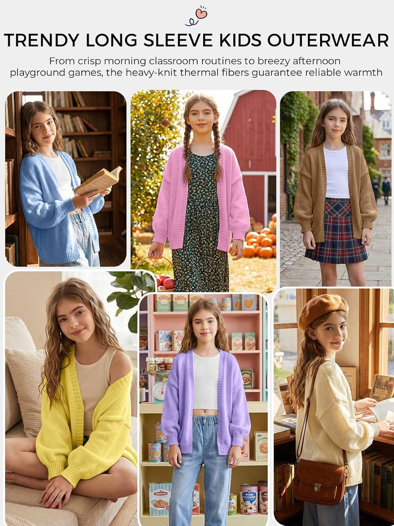 Girls Open Front Cardigan Winter Kids Trendy Long Sleeve Sweater