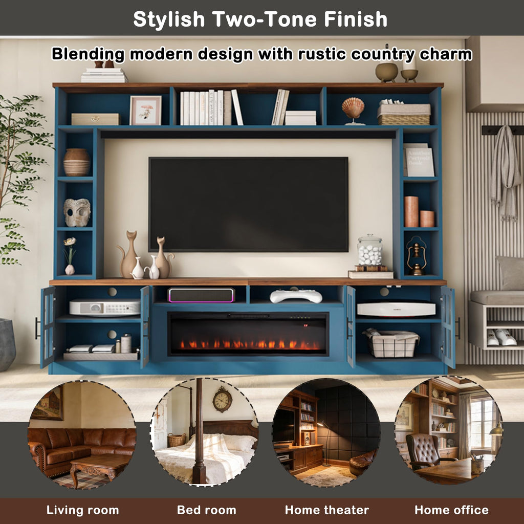 95.5" Farmhouse Entertainment Center with Fireplace, Wood Large TV Stand Wall Unit Media Console with Storage