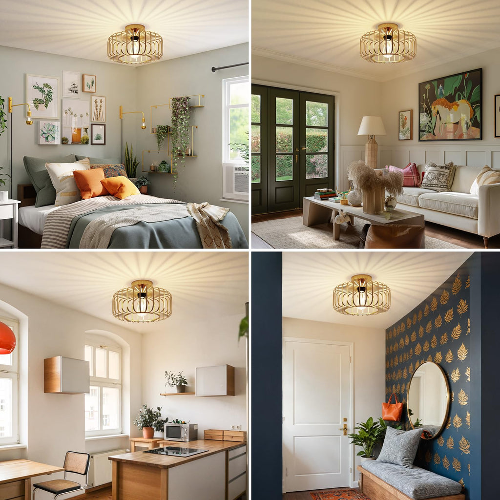 Gold Ceiling Light - 11.2 Lighting Fixtures, Industrial Semi Flush Mount Light Fixture, Sunburst Farmhouse Lighting
