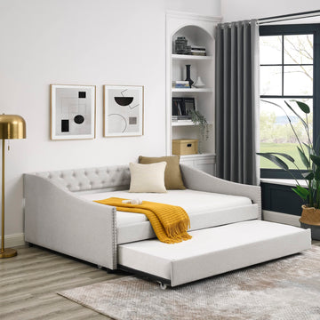 Full Size Daybed with Twin Size Trundle, Upholstered Tufted Sofa Bed, with Button on Back and Copper Nail on Waved