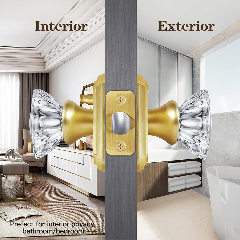 Premium Glass Door Knobs, Bathroom Bedroom Door Knobs with Lock, Privacy Gold Door Knob Interior, Satin Brass