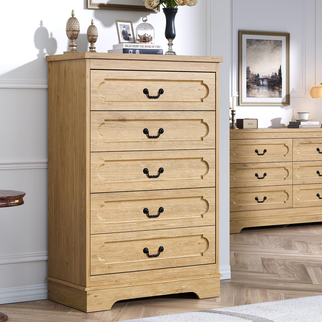 5 Drawer Natural Bedroom 46" Tall Wood Cabinet