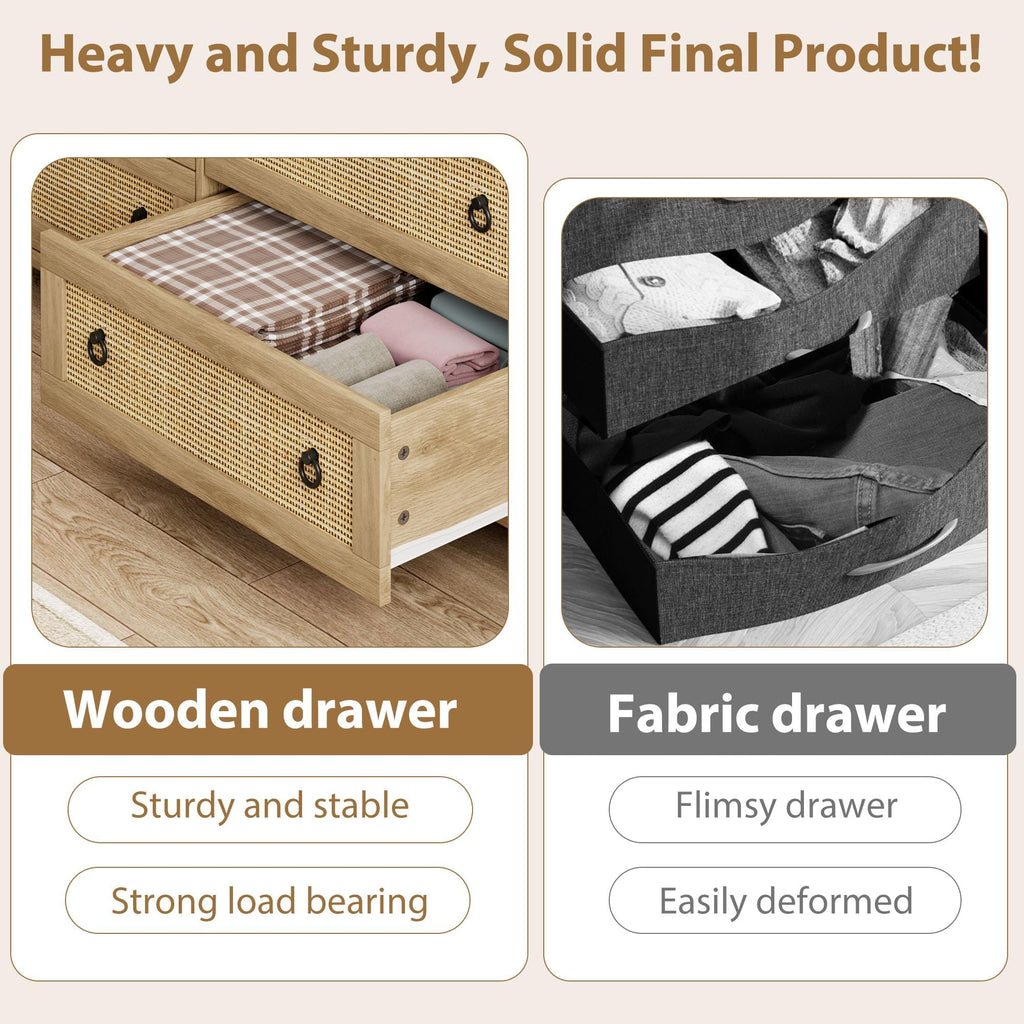 Rattan Dresser with 7 Drawers, 54'' Wide Chest of Drawers with Large Clothes Storage Cabinet, Wood Bedroom Dresser