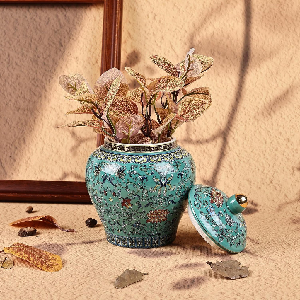 Handcrafted Enamel Ginger Jar-Vibrantly Colored Chinoiserie Vase,Blue and White Porcelain Ceramic Decorative Jar