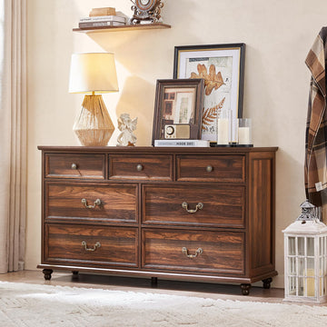 Farmhouse 7 Drawers Dresser, Brown 54 Inch Wide Chest of Drawers w/ 4 Wooden Legs, Large Vintage Rustic Closet