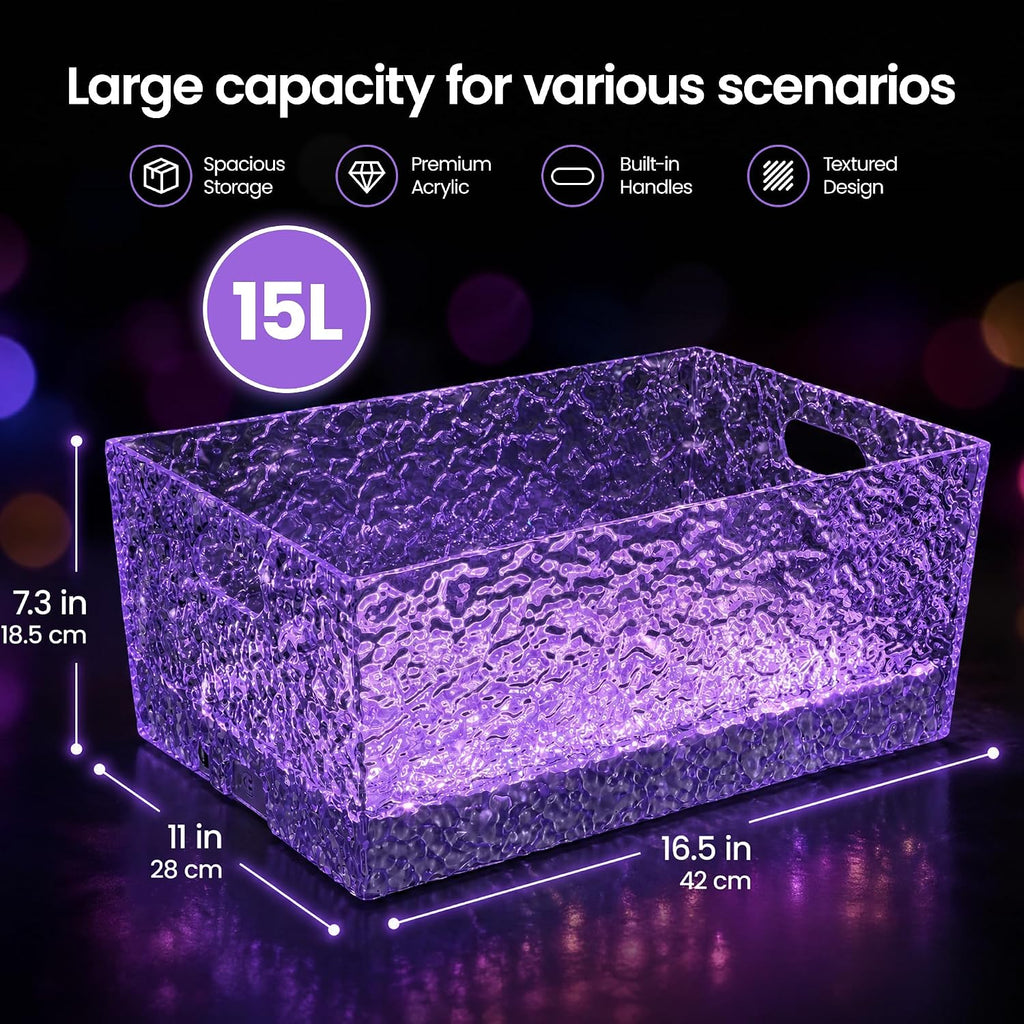 LED Acrylic Ice Buckets for Parties, 15L Lighted Beverage Tub with Rechargeable, 7-Color Large Champagne Bucket
