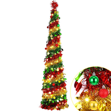 5ft Pop up with Lights and Balls Collapsible Slim Tinsel Xmas Tree Prelit Apartment Winter Party Decoration