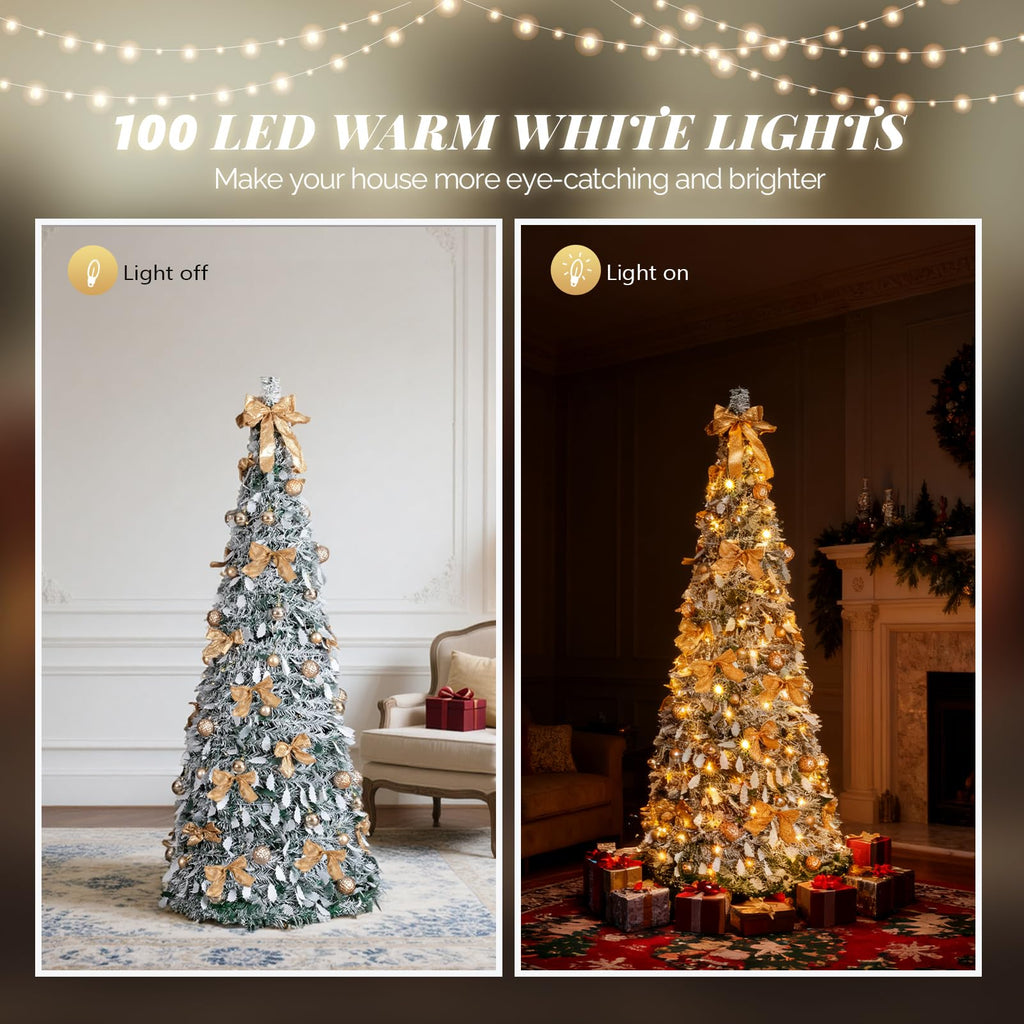 6ft Pre Lit Pop Up w/ 100 Lights, Fully Decorated Flocked Pencil, Collapsible Xmas Tree for Holiday Party