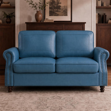 Faux Leather Loveseat Sofa with Rolled Arms, Royal Blue