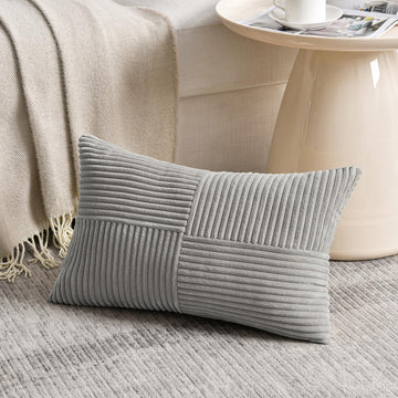 Grey Lumbar Decorative Throw Pillow Covers 16x32 Inch Couch Bed Sofa, Rustic Farmhouse Boho Home Decor, Soft Striped