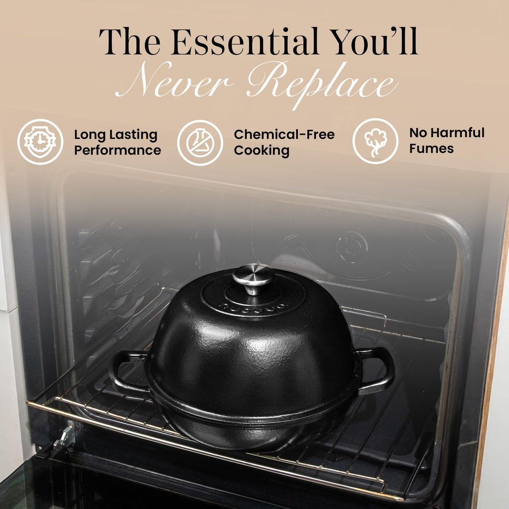 Enamelled Cast Iron Dutch Oven Pot - Dutch Oven For Sourdough Bread Baking - Cast Iron Bread Pot - Black, 6 Quarts