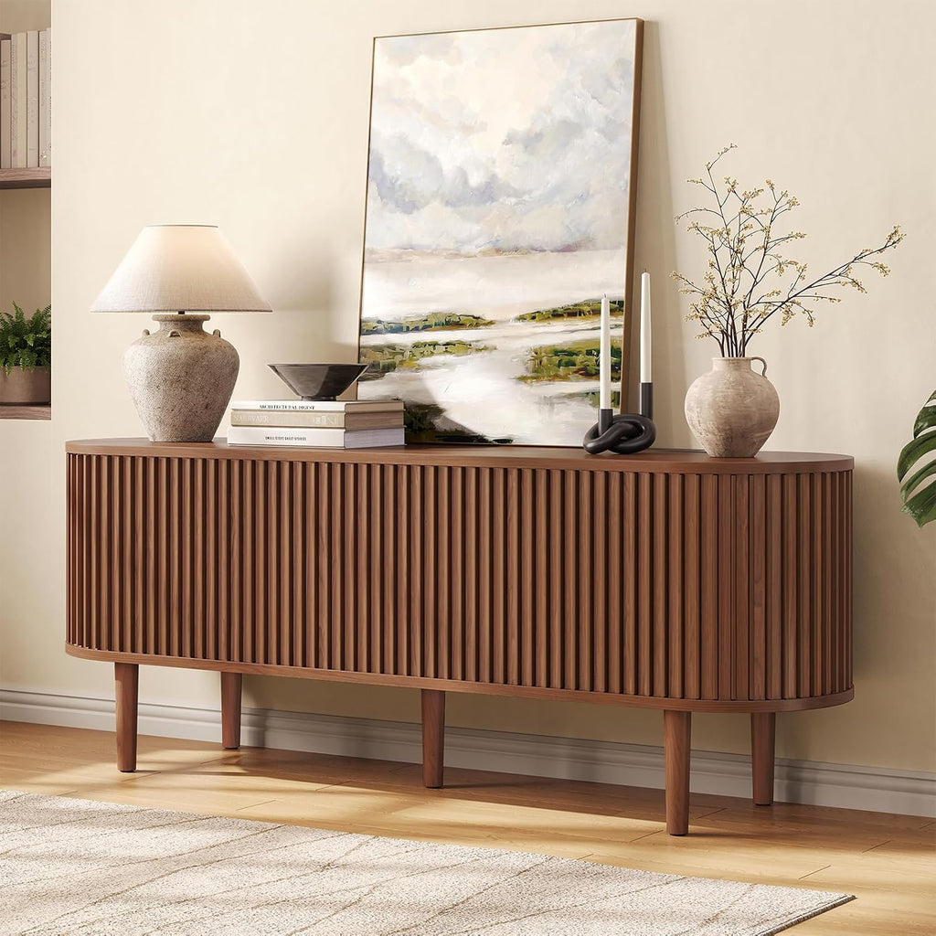 59" TV Stand for 65" TV with Power Outlet, Entertainment Center with Solid Wood Leg, Fluted TV Console with