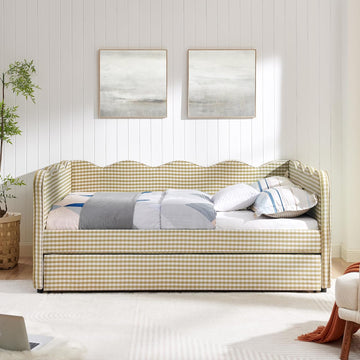 Full Size Gingham Daybed with Trundle and USB Ports | Upholstered Daybed Living Room Guest Room-Brown