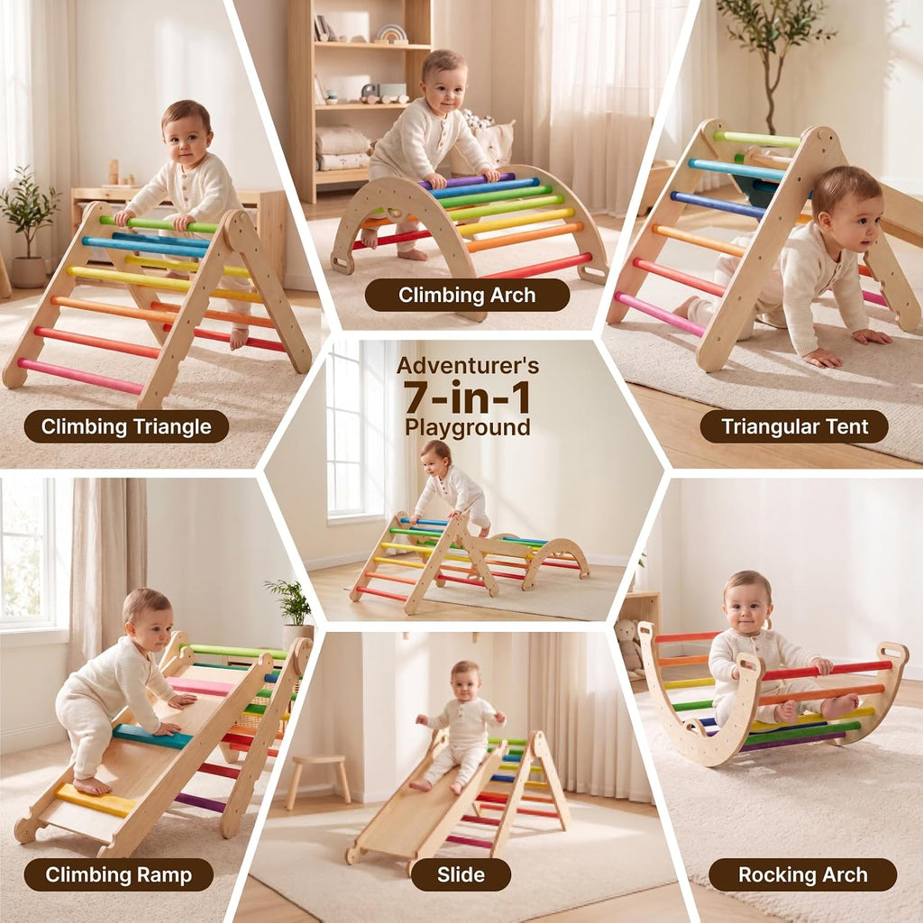 Pikler Triangle Set, Wooden Montessori Climbing Toys for 1-3 Year Old, Foldable in-1 Toddler Baby Indoor Play Gym