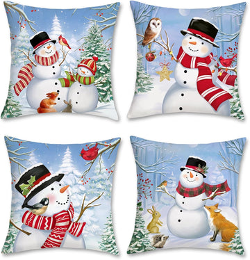 Christmas Winter Snowman Throw Pillow Covers 18x18 Inch Snowy Forest Pine Tree Winter Holiday Decorative Pillows - Set of 4