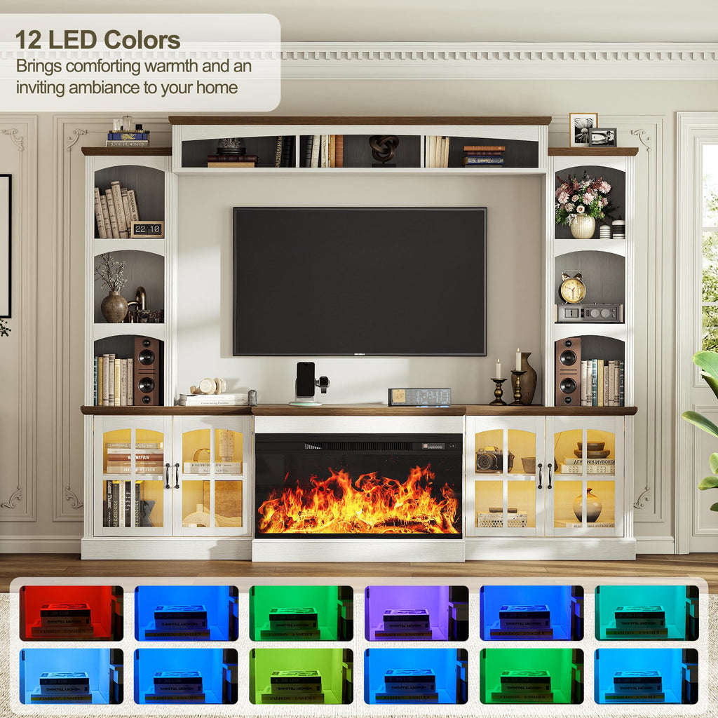 98" Farmhouse TV Stand with 36" Electric Fireplace, Bookshelves, Fits 75" TVs, Entertainment Center with Storage