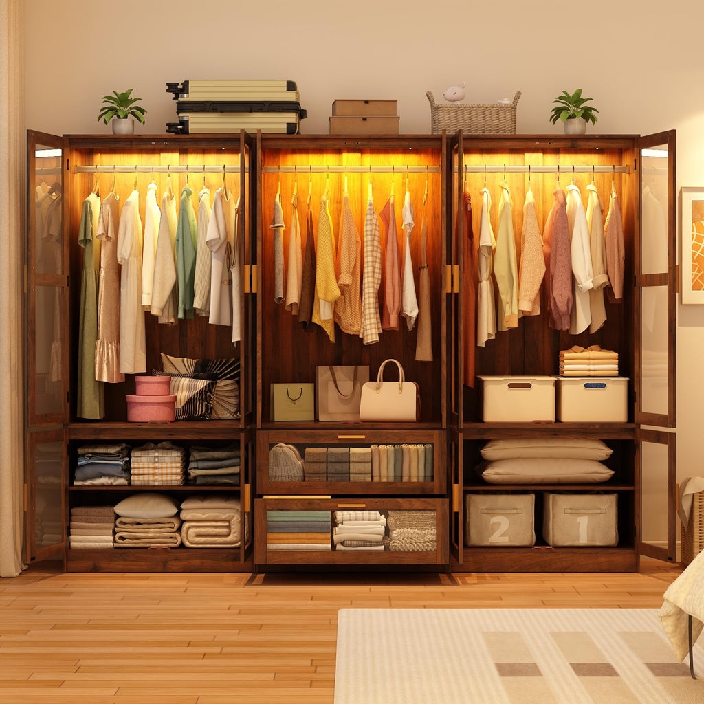 6 Doors Armoire Wardrobe Closet with Sensor LED Light and Mirror