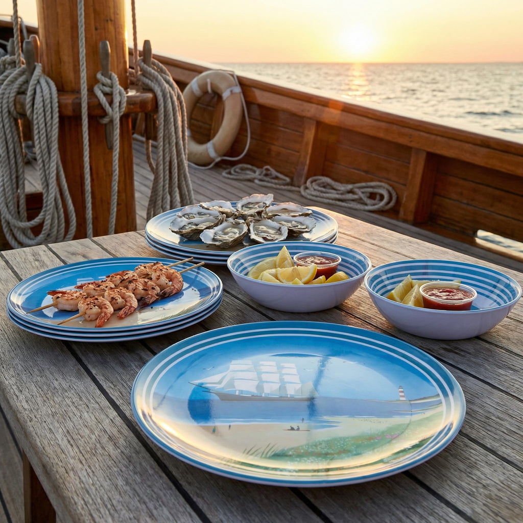 Outdoor Melamine Dinnerware Set for 4, 12-Piece Sailboat Plates and Bowls