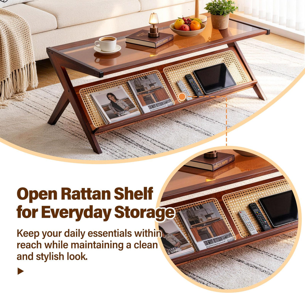 Brown Rattan Coffee Table, Bamboo Glass Top Table with Storage
