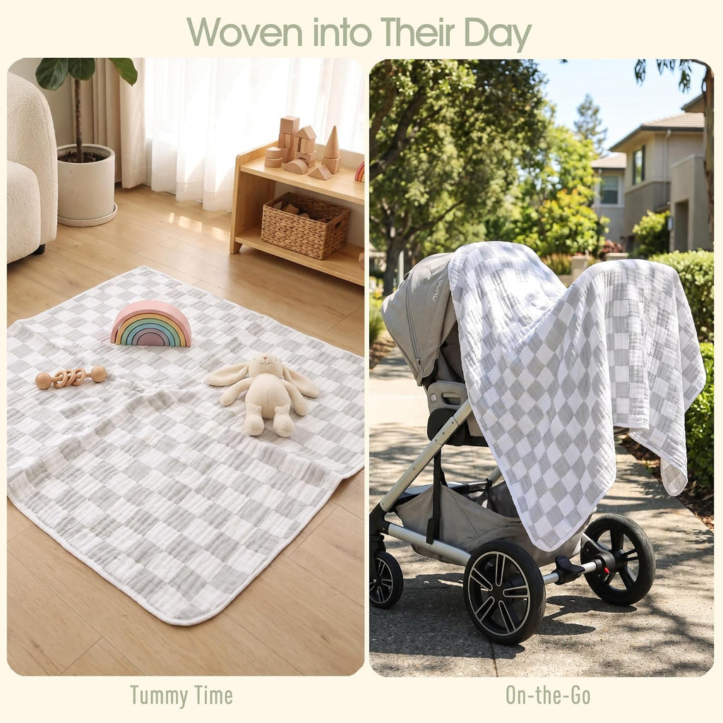 Muslin Baby Blanket Organic Cotton Blend Jacquard (Grey Check,43")