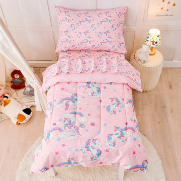Pink Unicorn Toddler Bedding Set for Girls, 4 Piece Bed-in-a-Bag Toddler Comforter Sets, Super Soft and Comfortable
