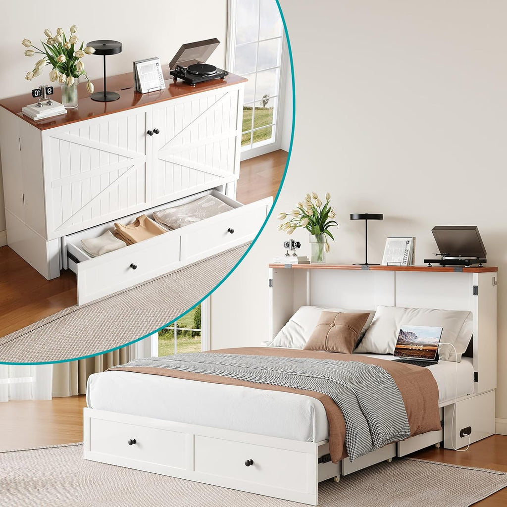 63.4" W Murphy Bed with Tri-Folding Mattress, Queen Murphy Bed with Built-in Charging Station, Queen Murphy Cabinet