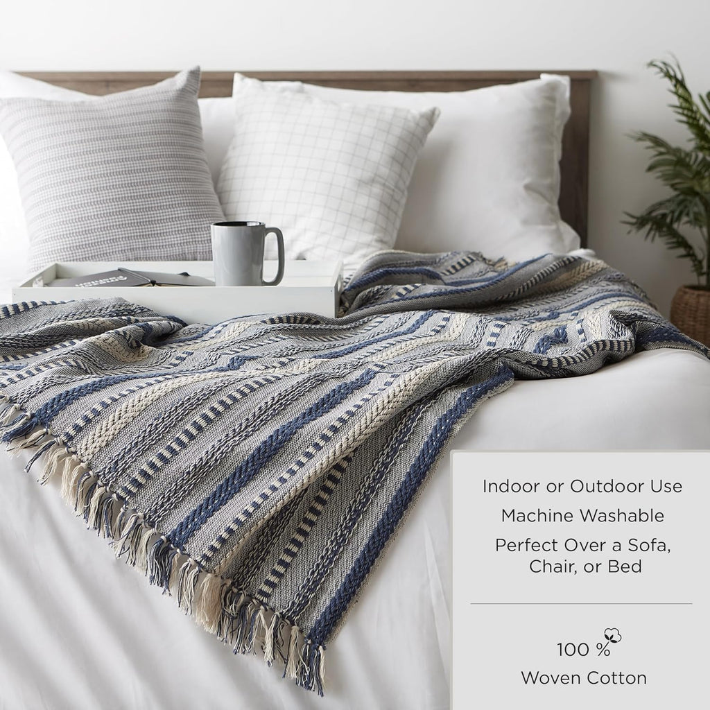 Modern Zig Zag Throw Blanket Woven Cotton, Hand-Knotted 2.5" Fringe, 50x60, Natural