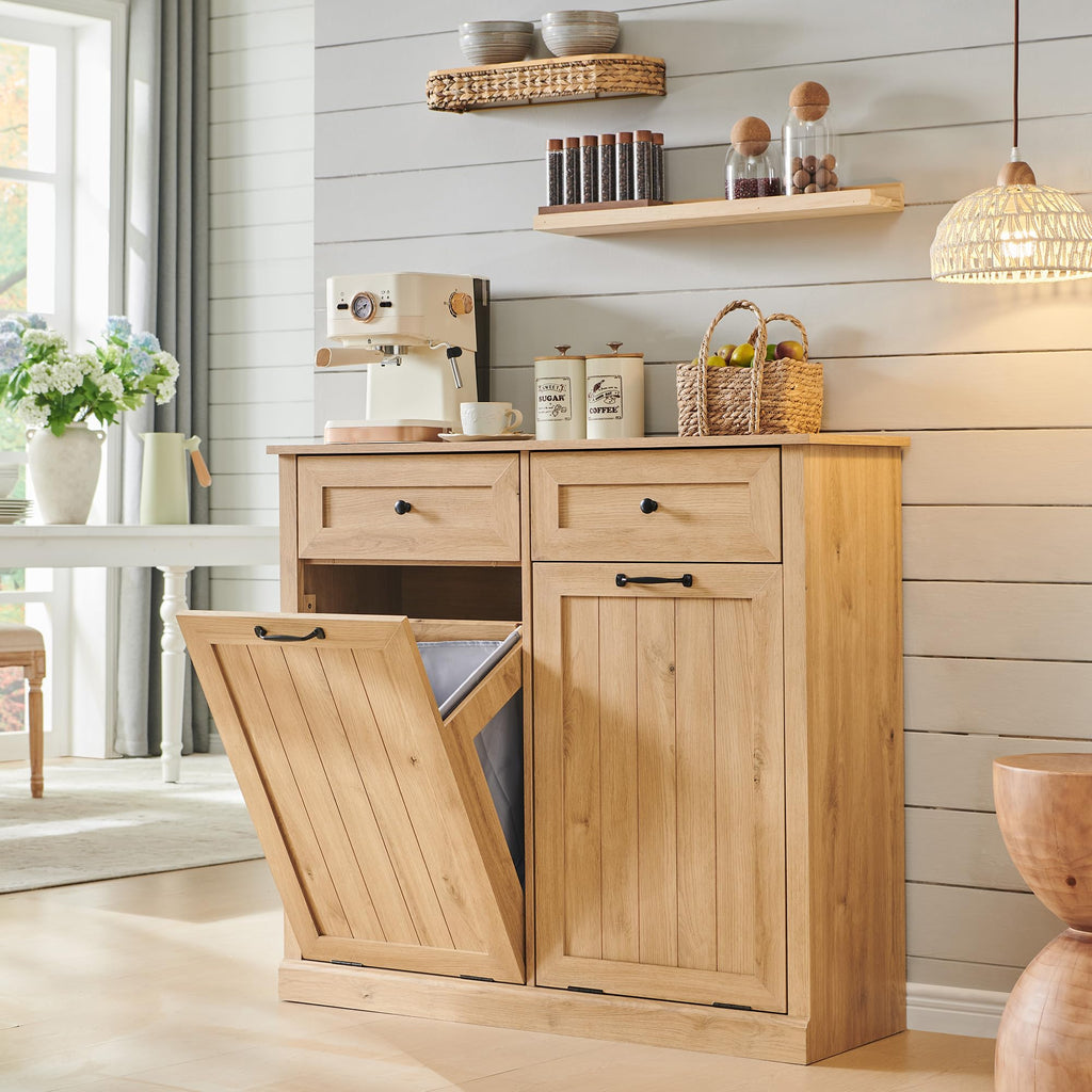 Double Tilt Out Laundry Hamper Cabinet, Trash Cabinet, Natural