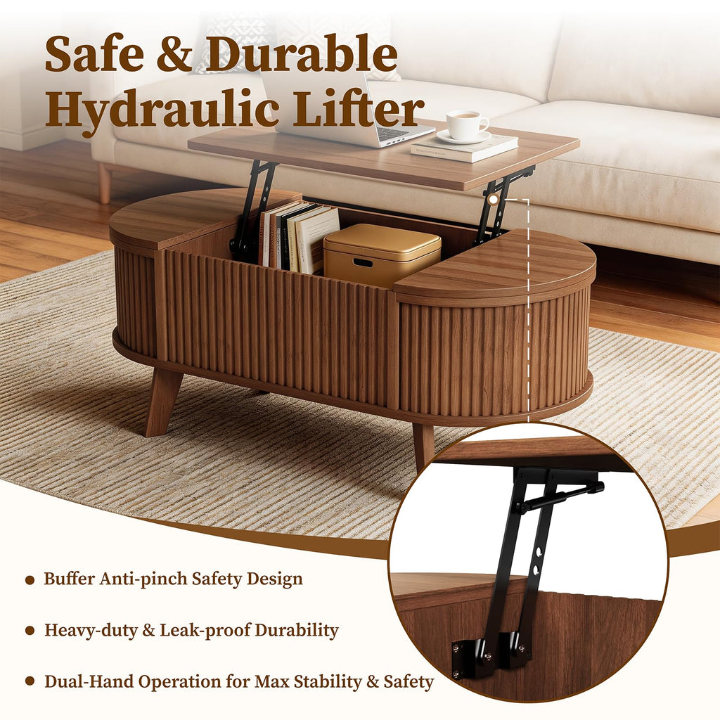 39.4" Oval Fluted Coffee Table with Lift Top, Hidden Storage, Walnut