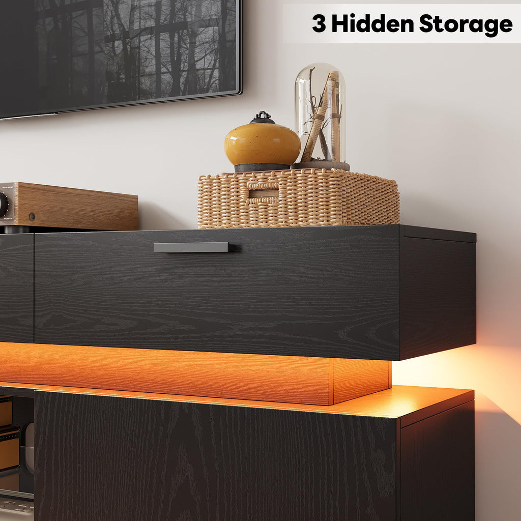 TV Stand for TVs up to 85", LED Lights and Power Outlets, Black