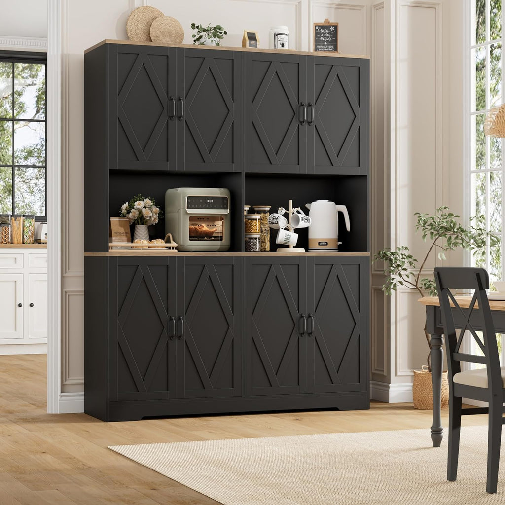 55" W Pantry Cabinet, 71" Tall Kitchen Hutch Storage Cabinet, Black | Farmhouse Hutch Cabinet with 2 Independant