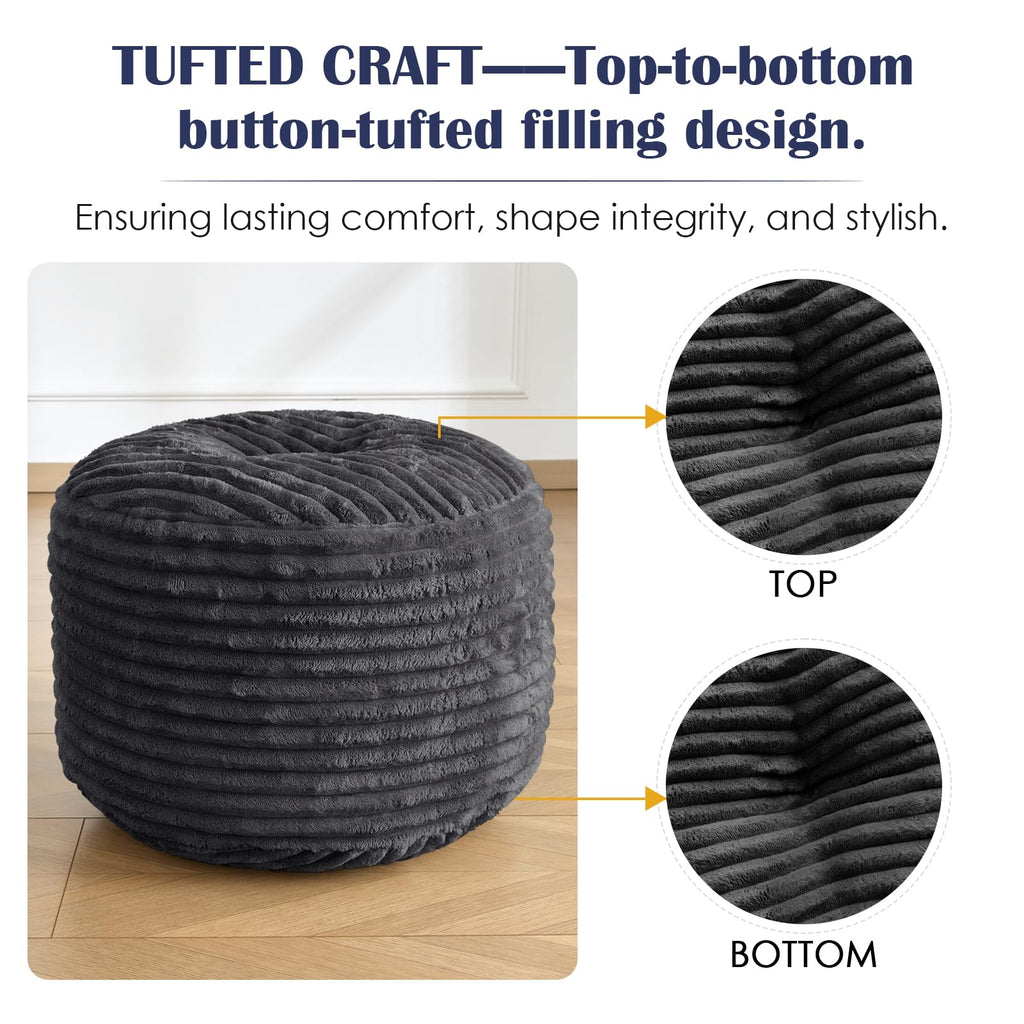Stuffed Round Ottoman, Pouf Ottoman Foot Rest, 20 X 15, Dark Grey
