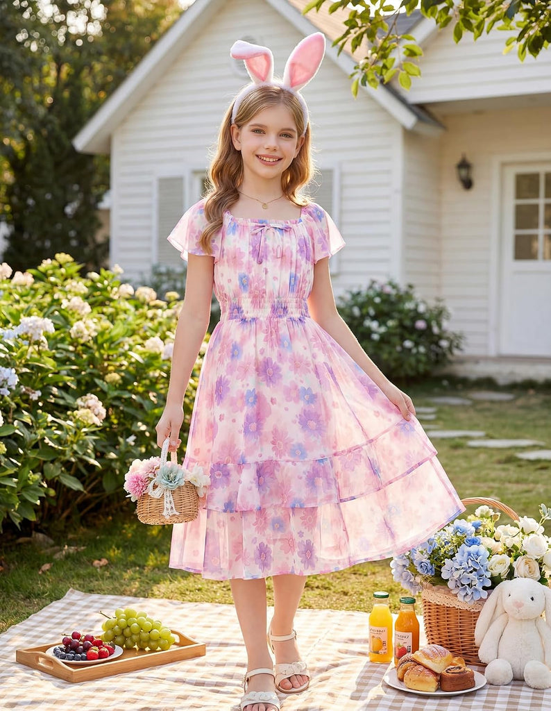 Girls Floral Summer Dress Flutter Sleeve Square Neck Midi Casual Dress for Girl