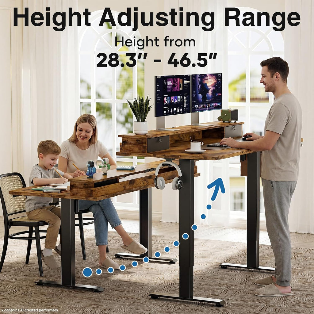 47x28 in Electric Standing Desk with Drawers, Adjustable Table, Brown | Stand up Computer Desk , Work & Study, with