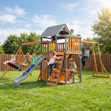 Wooden Swing Sets for Backyard, 12-in-1 Outdoor Playset
