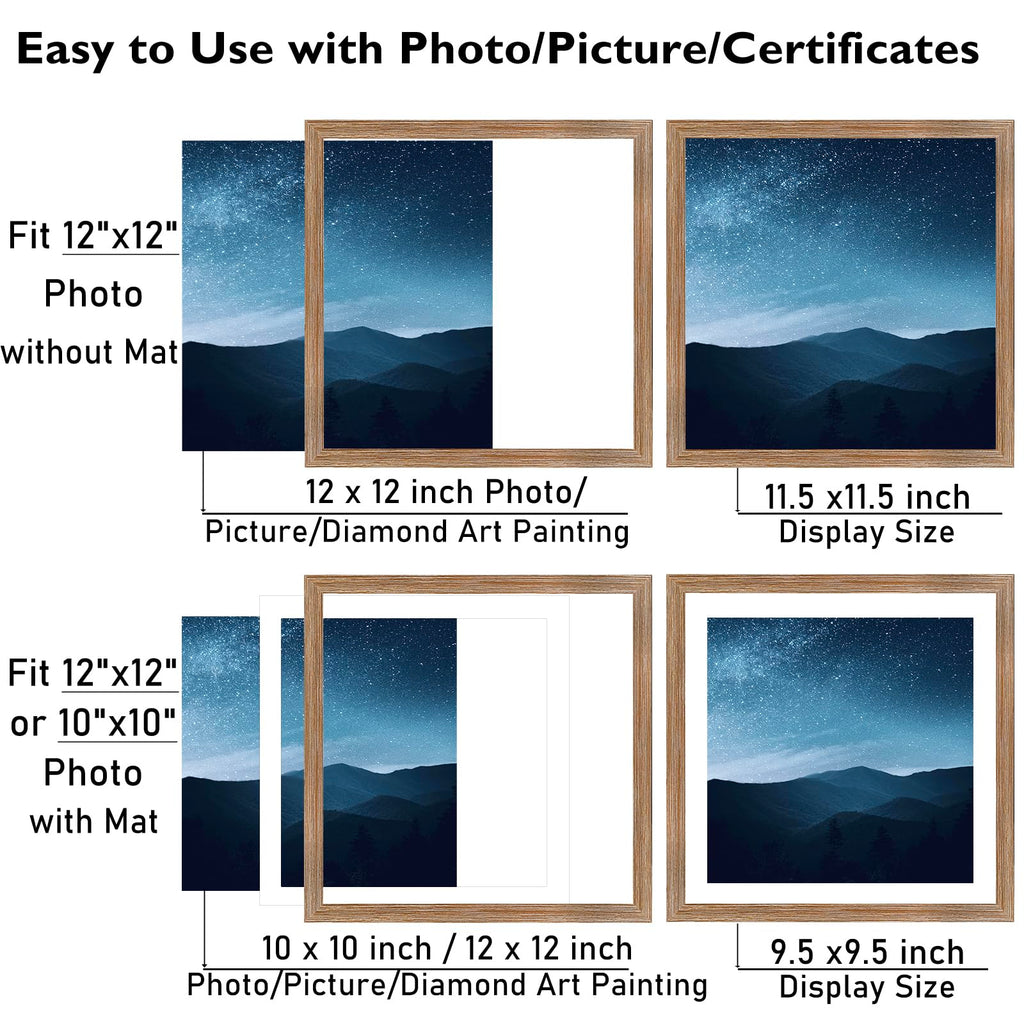12x12 Picture Frame Set of 3 with 10x10 Mat for 30 x 30cm Diamond Art Painting, Display Photo 10x10 with Mat or 12 x