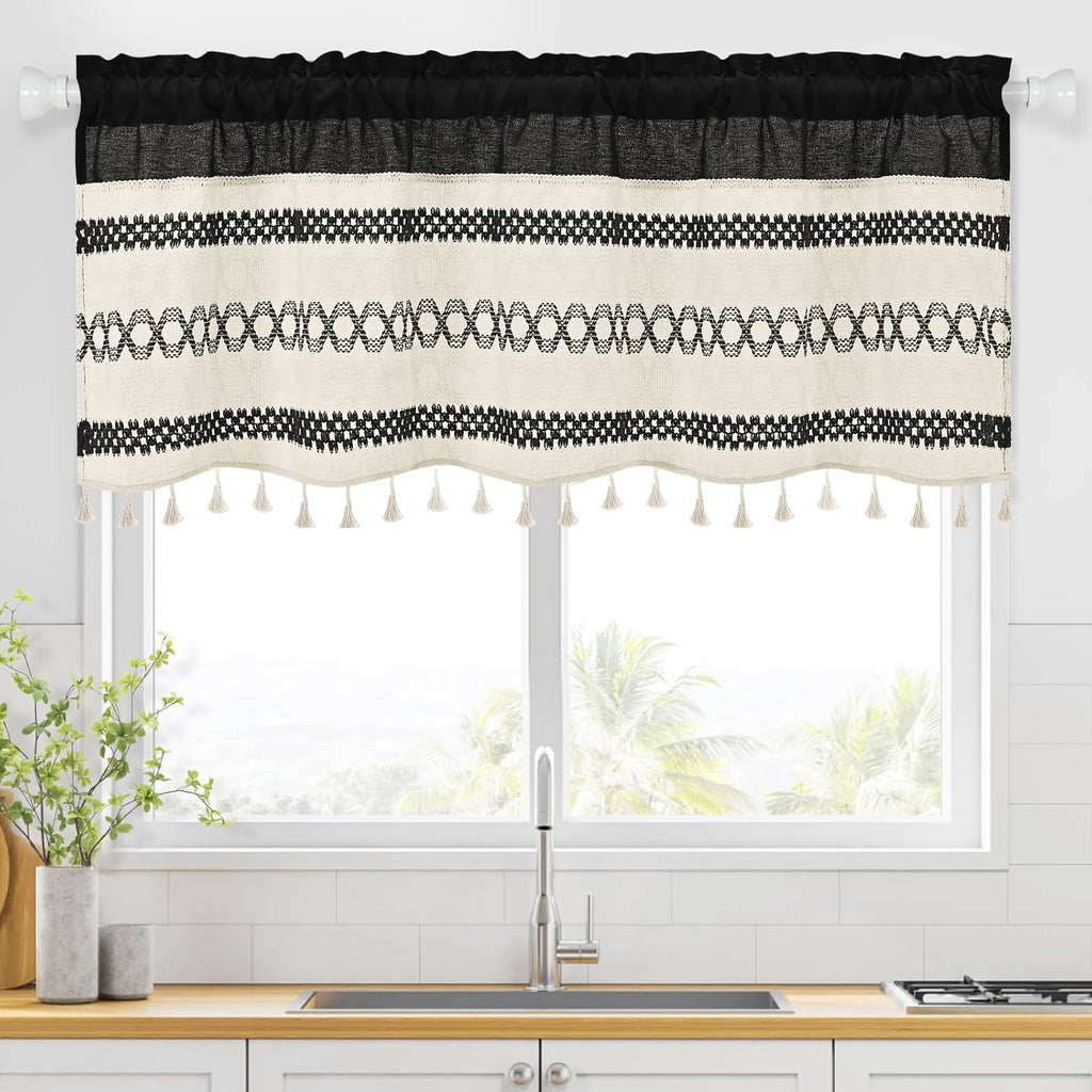 Farmhouse Linen Valance for Windows Boho Crochet Short Curtain with Tassel Country Black Valance for Kitchen Light